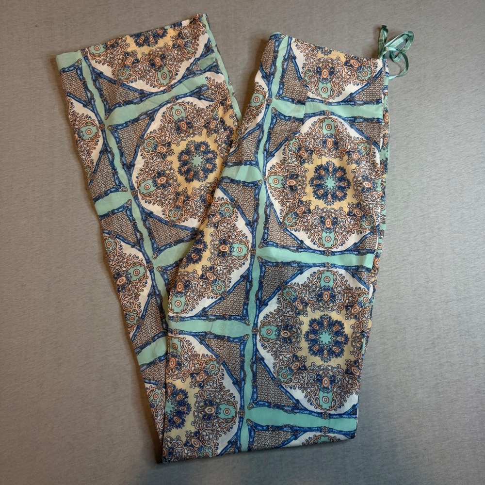Gianni Bini Scarf‎ Print Wide Leg Sailor  Pants Blue Green XS Boho medallion